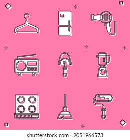 Set Hanger wardrobe, Refrigerator, Hair dryer, Radio, Spatula, Blender, Gas stove and Handle broom icon. Vector