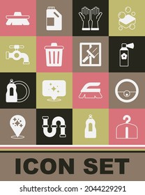 Set Hanger wardrobe, Robot vacuum cleaner, Air freshener spray bottle, Rubber gloves, Trash can, Water tap, Brush for cleaning and windows icon. Vector