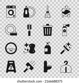 Set Hanger wardrobe, Rubber cleaner for windows, Air freshener spray bottle, Handle broom, Toilet brush, Washing dishes, Washer and Trash can icon. Vector