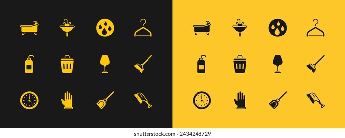 Set Hanger wardrobe, Rubber gloves, Wine glass, Dustpan, Trash can, Water drop, Bathtub and Washbasin icon. Vector