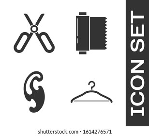 Set Hanger wardrobe, Scissors, French curves and Textile fabric roll icon. Vector