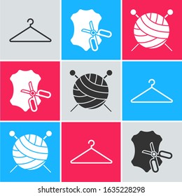 Set Hanger wardrobe, Scissors and leather and Yarn ball with knitting needles icon. Vector