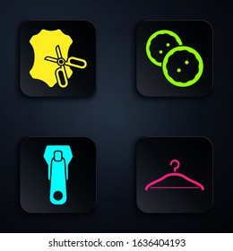 Set Hanger wardrobe, Scissors and leather, Zipper and Sewing button for clothes. Black square button. Vector