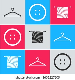 Set Hanger wardrobe, Sewing button for clothes and Knitting icon. Vector