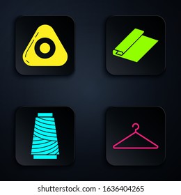 Set Hanger wardrobe, Sewing chalk, Sewing thread on spool and Textile fabric roll. Black square button. Vector