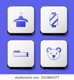 Set Hanger wardrobe, Sewing thread on spool, Tape measure and Teddy bear plush toy icon. White square button. Vector