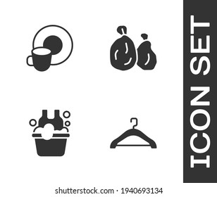 Set Hanger wardrobe, Washing dishes, Basin with soap suds and Garbage bag icon. Vector