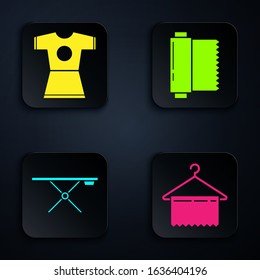 Set Hanger wardrobe, Woman dress, Ironing board and Textile fabric roll. Black square button. Vector