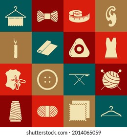 Set Hanger wardrobe, Yarn ball with knitting needles, Woman dress, Tape measure, Textile fabric roll, Cutter tool,  and Sewing chalk icon. Vector