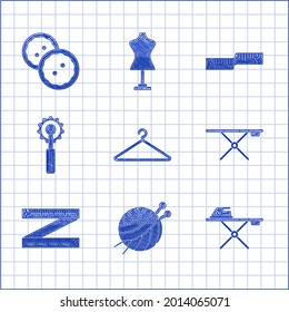Set Hanger wardrobe, Yarn ball with knitting needles, Electric iron and ironing board, Ironing, Tape measure, Cutter tool,  and Sewing button for clothes icon. Vector