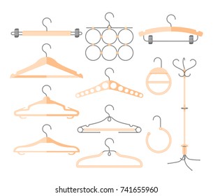 Set of hangers for various clothes - modern vector realistic isolated clip art on white background. Wardrobe, fashion or sale concept. Collection of different forms, shapes. Wooden color