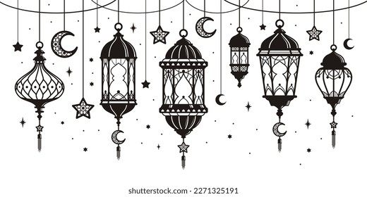 Set of hanging arabic lamp. Muslim ornamental hanging lanterns, stars, and moons. Muslim holiday lantern traditional ramadan kareem. Black and white vector illustration