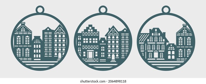 Set of hanging balls with facades of houses. Decoration for the interior, Christmas tree, New Years holidays. Template of rounde decorative elements for plotter laser cutting, cnc. Vector illustration