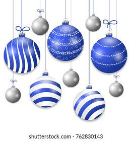 Set hanging blue and silver Christmas balls. Decorative baubles elements isolated on white background for holiday design. Vector illustration.