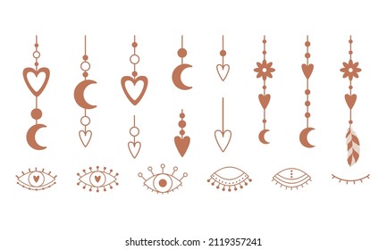 A set of hanging boho elements with hearts, a crescent moon, flowers. Open, closed eyes, . Outline decorative elements. Vector illustrations isolated on a white background.