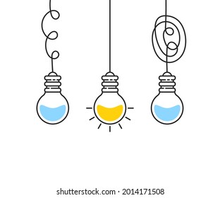 eine Reihe hängender Glühbirnen, wie einfache Denkweise. lineares, flacher Trend, modernes minimales Logo-Webelement-Grafikdesign einzeln auf weißem Hintergrund. komplexe Problemlösung oder Strategieweg