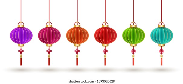 Set of hanging Chinese lanterns isolated on white background. Traditional chinese lanterns are suitable for design of the Asian New Year, Mid autumn festival, other holidays