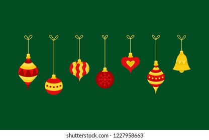 Set of hanging christmas balls on string vector illustration. Different shapes of xmas ornaments, heart, round, bell and drop in red and gold, yellow colors. Festive traditional seasonal decoration.