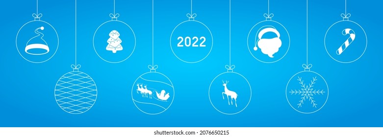 Set of hanging christmas baubles on blue background. Vector illustration.