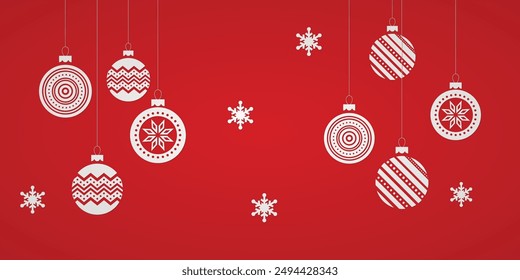 Set of hanging Christmas decorations. Christmas background. Vector on red background