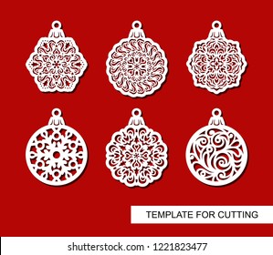 Set Of Hanging Christmas Decorations. Round Carved Patterns. Lace Stencils. Template For Laser Cutting, Paper Cut And Printing. Vector Illustration.