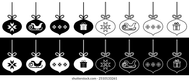 Set of hanging Christmas lamps, christmas bauble decoration icons. Vector illustration isolated on white and black background.