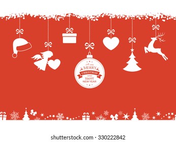 Set of hanging Christmas ornaments like bauble, santa hat, reindeer, angel, heart, present and tree on red background. The bottom and top borders of snow and Christmas symbols will tile seamlessly.