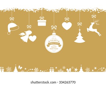 Set of hanging Christmas ornaments like bauble, santa hat, reindeer, angel, heart, present and tree on beige golden background. The bottom and top borders of snow and Christmas symbols are seamless.
