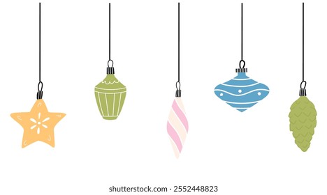 A set of hanging Christmas ornaments. New year decor.