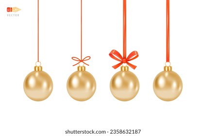 Set of Hanging Christmas Toys. Traditional Christmas Tree Toy - Shiny Gold Ball hanging on a red thread, on a ribbon, with a bow. Festive decor. Luxury decoration. Realistic 3d vector decoration