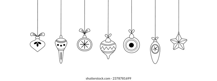 Set of hanging Christmas tree decorations, baubles. New year doodles. Linear background, banner. Modern line art.