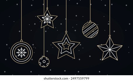 Set of hanging Christmas tree decorations. Christmas background. Vector on black background.