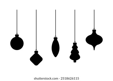 Set of hanging Christmas tree decorations. Christmas tree toy. Black silhouette. Front side view. Vector simple flat graphic illustration. Isolated object on white background. Isolate.