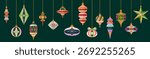 Set of hanging Christmas tree ornaments. Design of top border from Xmas balls, stars, and glass cones. New Year decorations. Winter holiday decor in retro style. Flat isolated vector illustration