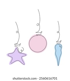 A set of hanging Christmas tree toys, decorations drawn in one continuous line with a multicolored background, doodle, vector. Decorative element for decoration, Christmas, holiday isolated on white 