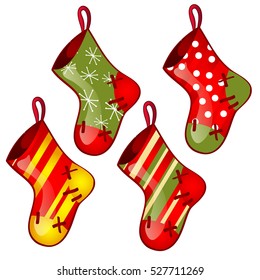 Set of hanging colored sock red and green colors isolated on white background. Sketch for greeting card, festive poster, party invitations.The attributes of Christmas and New year. Vector illustration