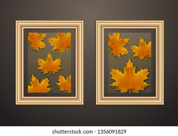 Set of hanging decorative frames for photos and images with shadow effects. Bright creative maple leaves. Dark background. Design template for layout.