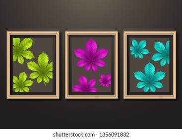 Set of hanging decorative frames for photos and images with shadow effects. Bright creative leaves of chestnut. Dark background. Design template for layout.