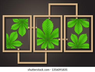 Set of hanging decorative frames for photos and images with shadow effects. Bright creative leaves of chestnut. Dark background. Design template for layout.