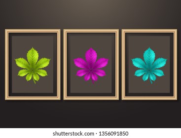 Set of hanging decorative frames for photos and images with shadow effects. Bright creative leaves of chestnut. Dark background. Design template for layout.