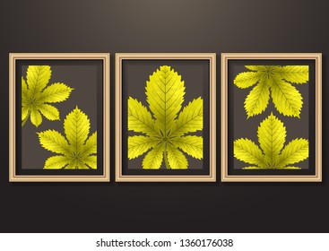 Set of hanging decorative frames for photos and images with shadow effects. Bright creative leaves of chestnut. Dark background. Design template for layout.