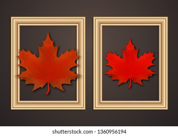 Set of hanging decorative frames for photos and images with shadow effects. Bright creative maple leaves. Dark background. Design template for layout.