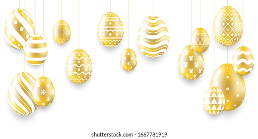 Set of Hanging Easter Eggs ornaments on White background,Easter greeting card,Vector and Illustration.