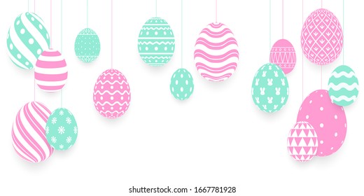 Set of Hanging Easter Eggs ornaments on White background,Easter greeting card,Vector and Illustration.