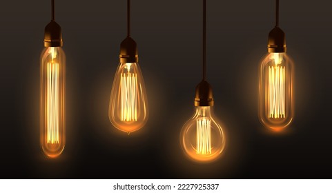 Set of hanging Edison light bulbs, vector