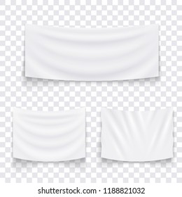 Set of hanging empty white textile banners. Blank flag template. Vector illustration