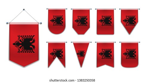 Set hanging flags of the ALBANIA with textile texture. Diversity shapes of the national flag country. Vertical Template Pennant for background, banner, web site, logo,award, achievement, festival. EPS