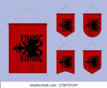 Set of hanging flags Albania with textile texture. Diversity shapes of the national flag country. Vertical template pennant for banner, web, logo, award and festival