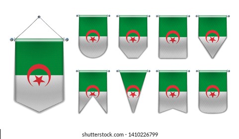 Set of hanging flags of the ALGERIA with textile texture. Diversity shapes of the national flag country. Vertical Template Pennant for background, travel banner, web, logo,award, achievement, festival
