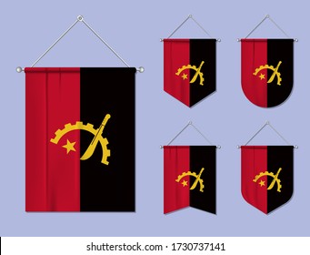 Set of hanging flags Angola with textile texture. Diversity shapes of the national flag country. Vertical template pennant for banner, web, logo, award and festival